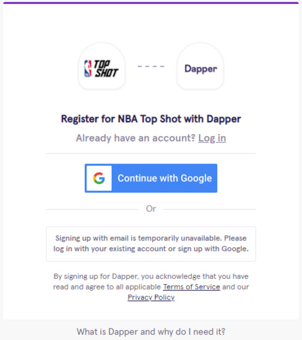 Register for NBA Top Shot with Dapper screenshot.